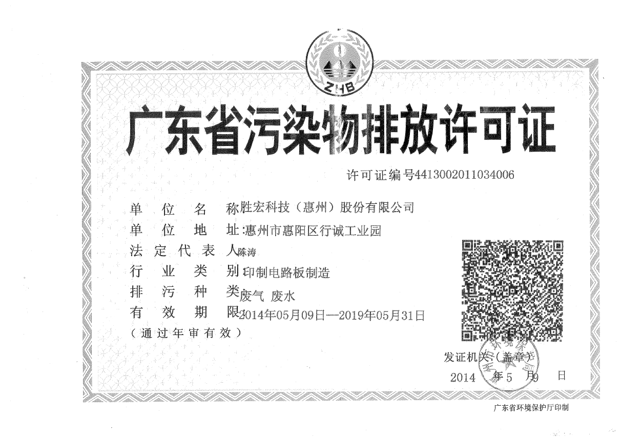 太阳集团城科技（惠州）股份有限公司排污许可证
